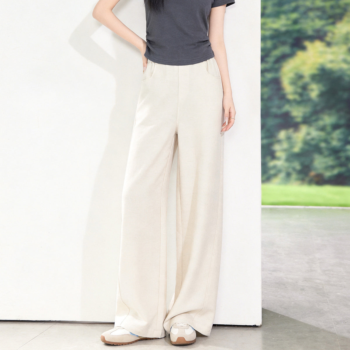 テンセルリネンのワイドレッグパンツ   ハイウエスト ストレート 落ち感ワイドパンツ