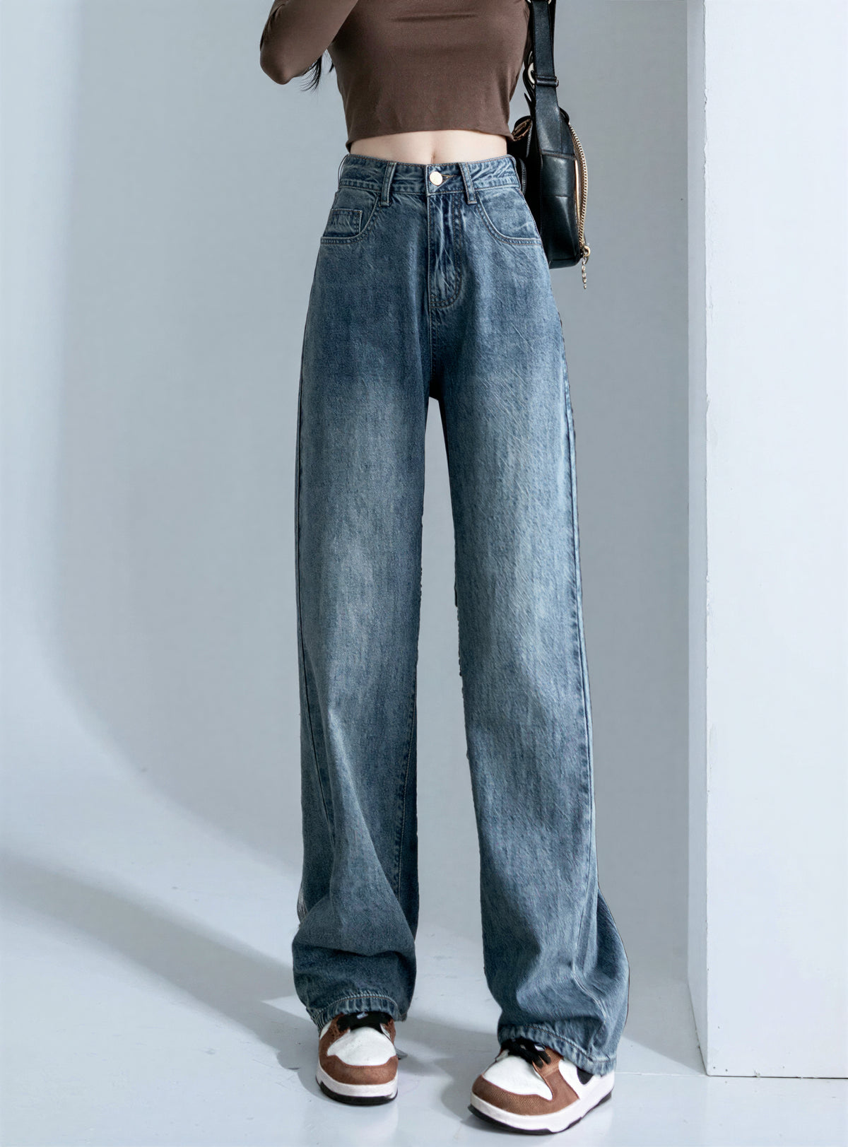 ハイウエスト ルーズフィット 裾だまりワイドデニムパンツ-ブルー -2XL