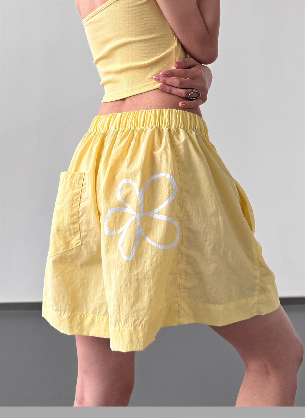 S-2XL ウエストゴム ハイウエスト 花柄プリント ワイドショートパンツ