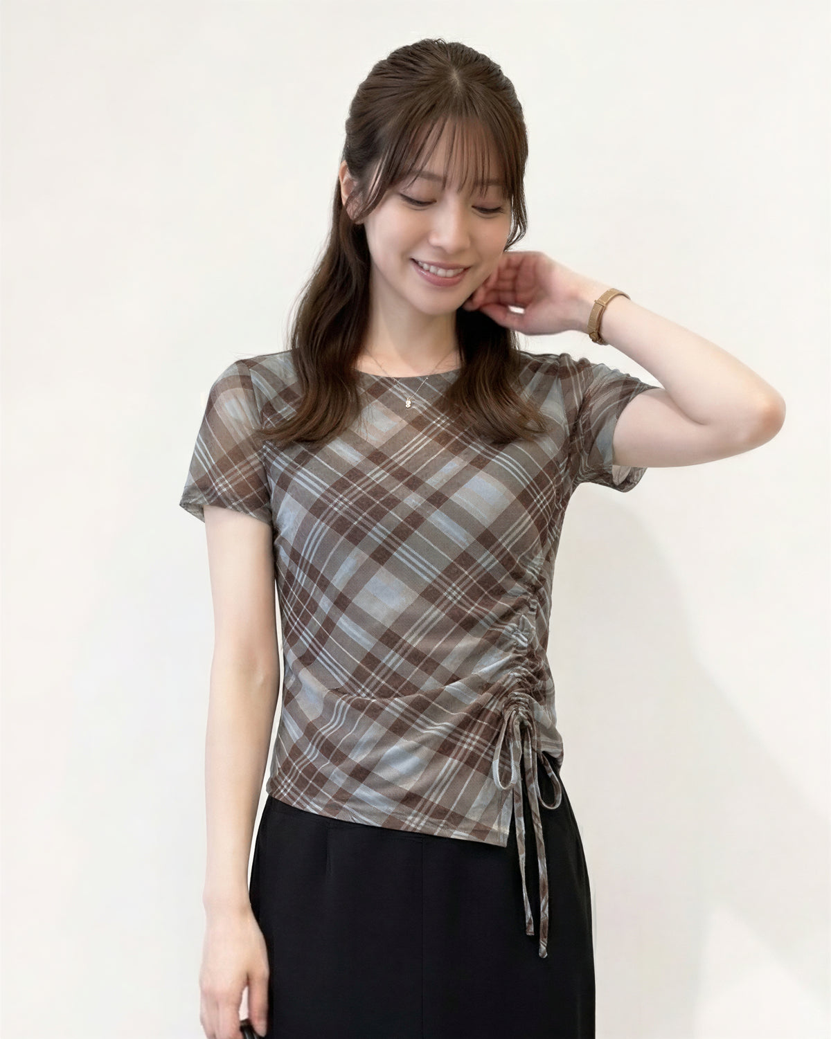 斜めチェック柄 アシンメトリーヘム ドロストウエスト 半袖Tシャツ