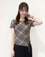 斜めチェック柄 アシンメトリーヘム ドロストウエスト 半袖Tシャツ