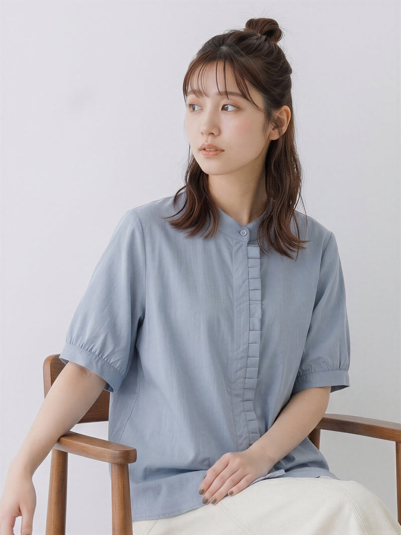 スタンドカラー プリーツ入り半袖シャツ-サックス-2XL