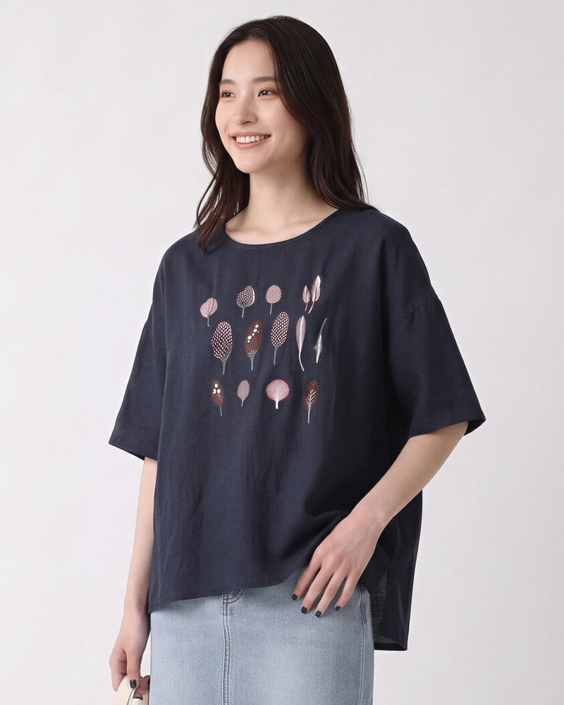 刺繍デザイン ゆったり クルーネックTシャツ-ダークブルー-2XL