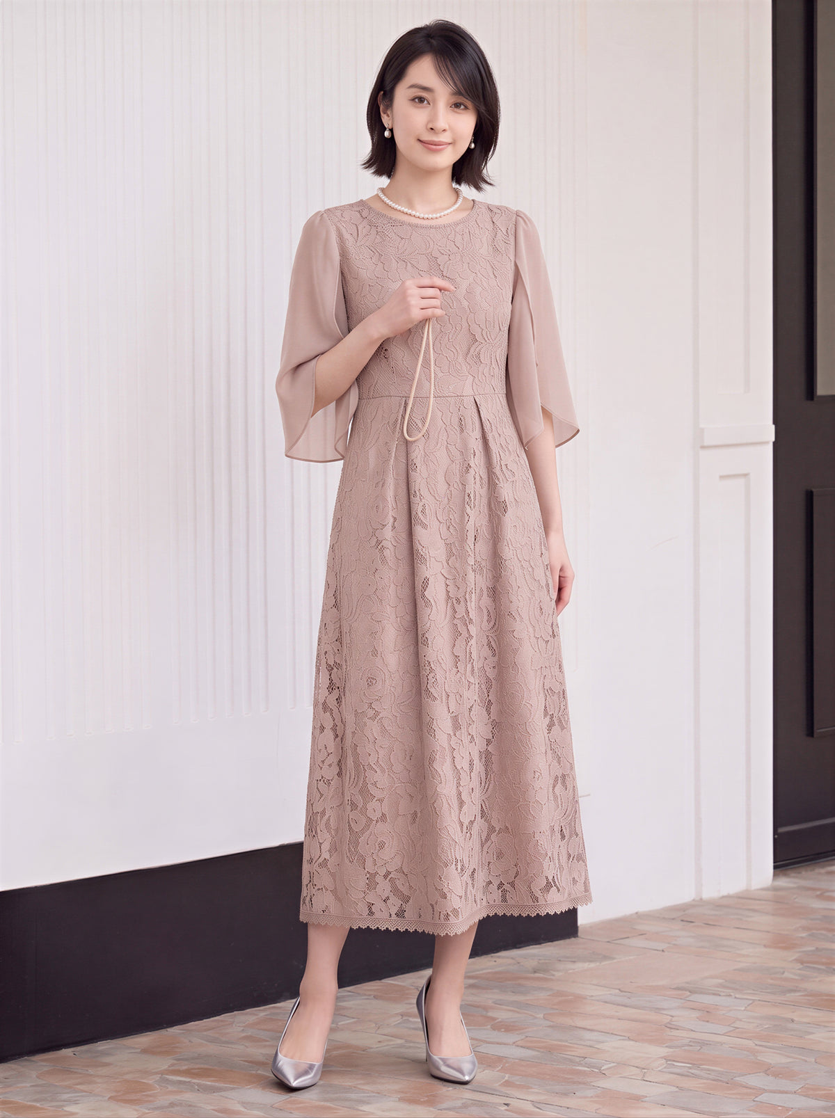 【秋新作】【全3色】S~2XL ケープスリーブ ウエストマーク レースワンピース