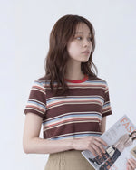 チェリーレッド襟 配色ボーダー 半袖Tシャツ