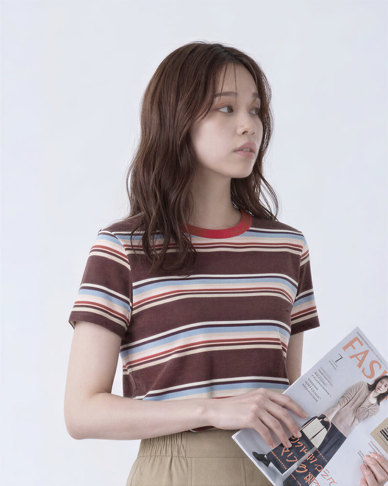 チェリーレッド襟 配色ボーダー 半袖Tシャツ