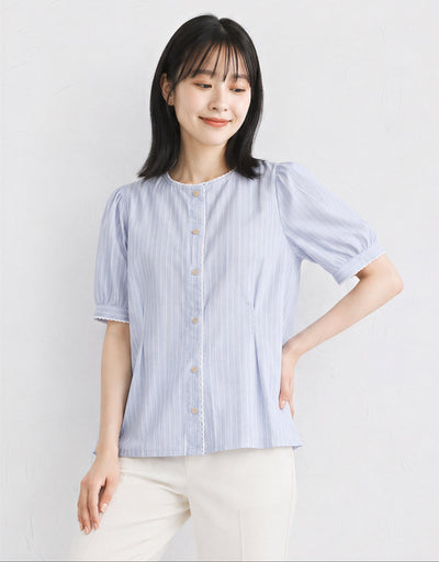 ライトブルーストライプ フリル襟シャツ-サックス-2XL