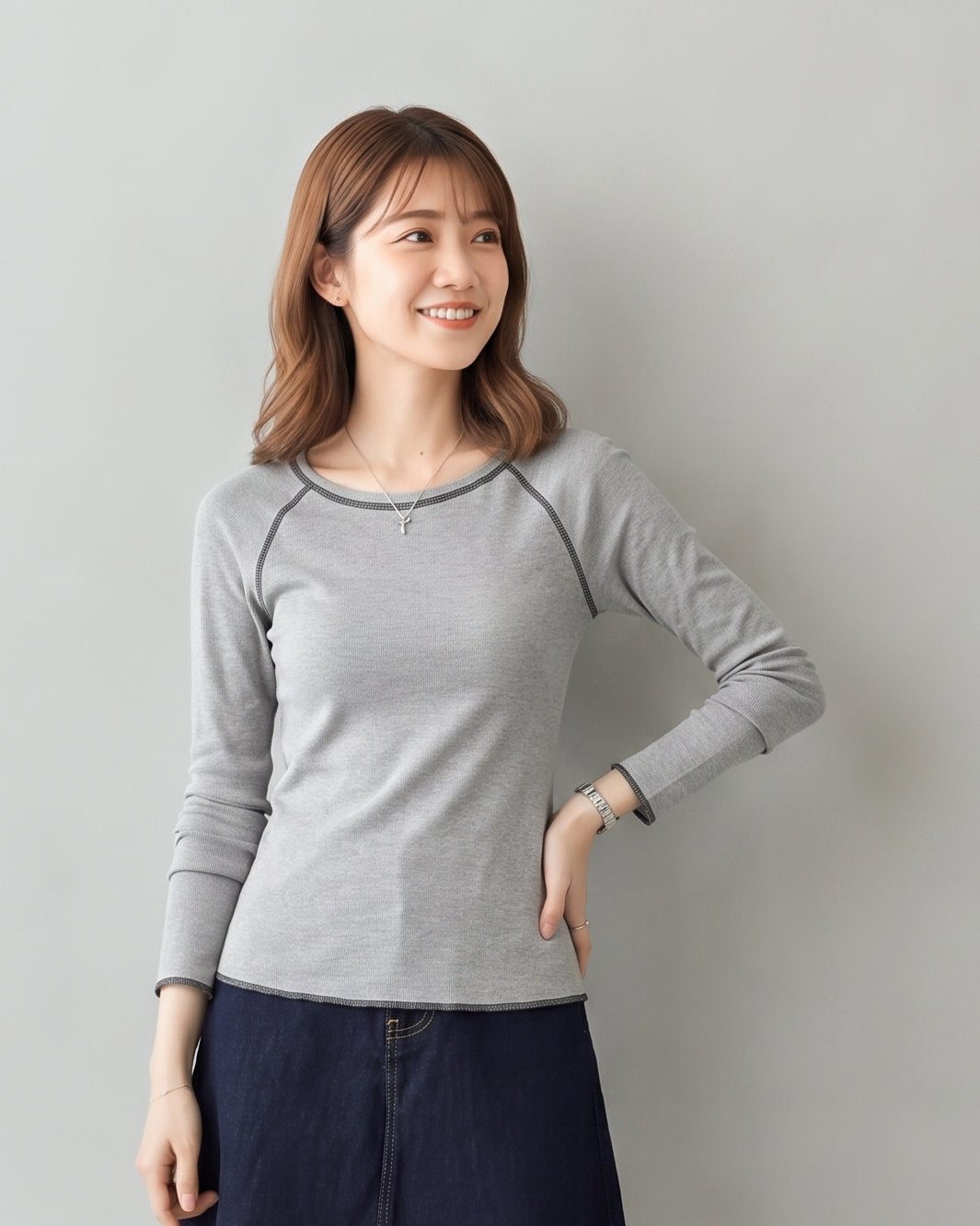 【秋新作】S~XLスリム配色トリム ラグランTシャツ