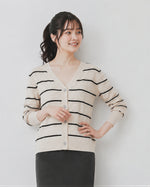 【秋新作】S~2XL Vネック ボーダー 透かし編み ニットカーディガン