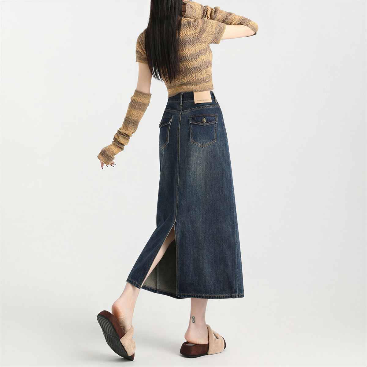 ハイウエスト ストレート スリット デニムスカート