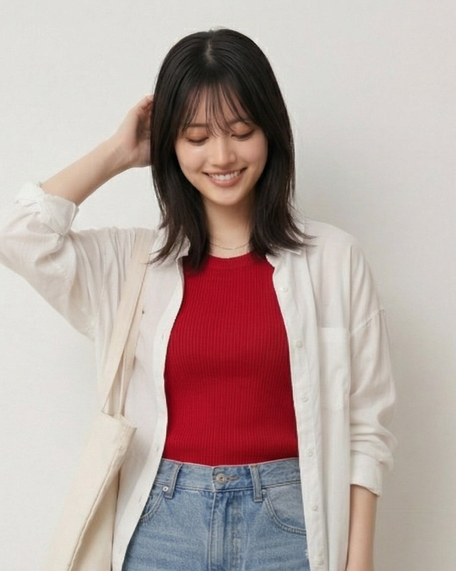 リブニット クルーネック ノースリーブ フィットタンクトップ