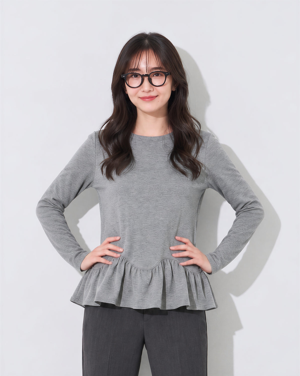 S~2XL ウエストシェイプ ペプラム裾 長袖Tシャツ