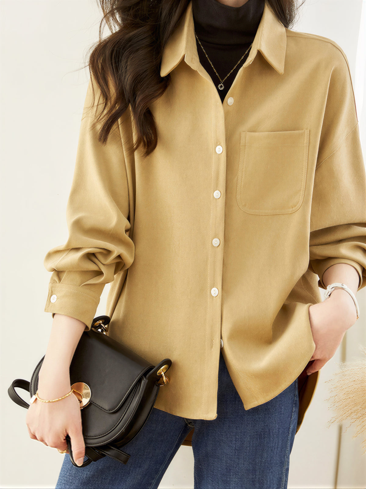 ゆったりドロップショルダーシングルポケットシャツ-イエロー-2XL