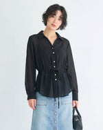 ベルト付き ウエストマーク 開襟 長袖 シフォンシャツ-ブラック-3XL