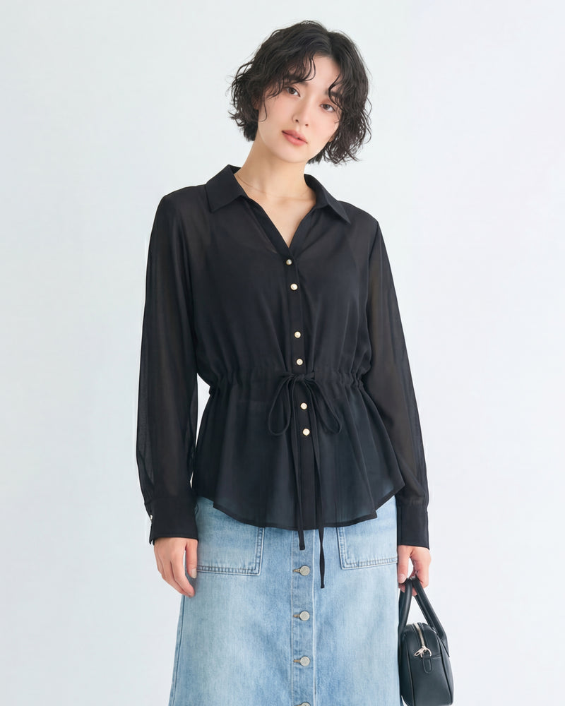 ベルト付き ウエストマーク 開襟 長袖 シフォンシャツ-ブラック-3XL
