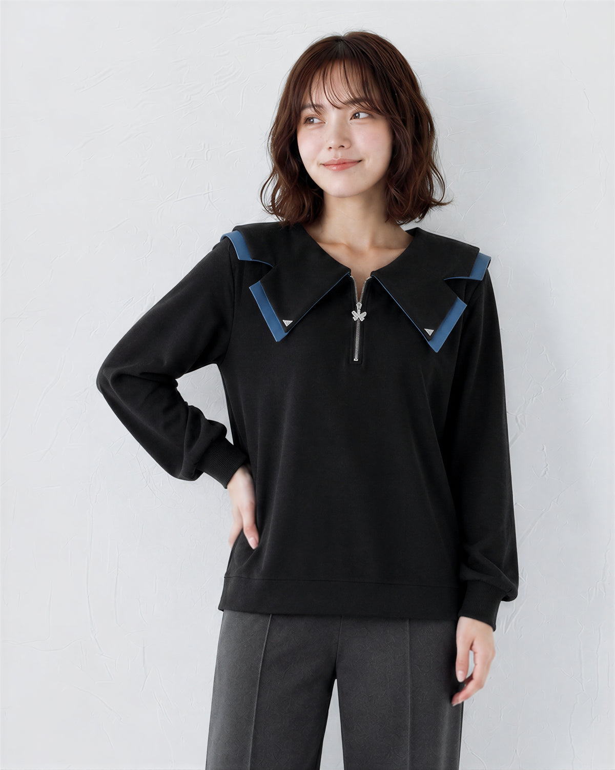 M~4XL ジップVネック フリル フェイクレイヤード スウェット