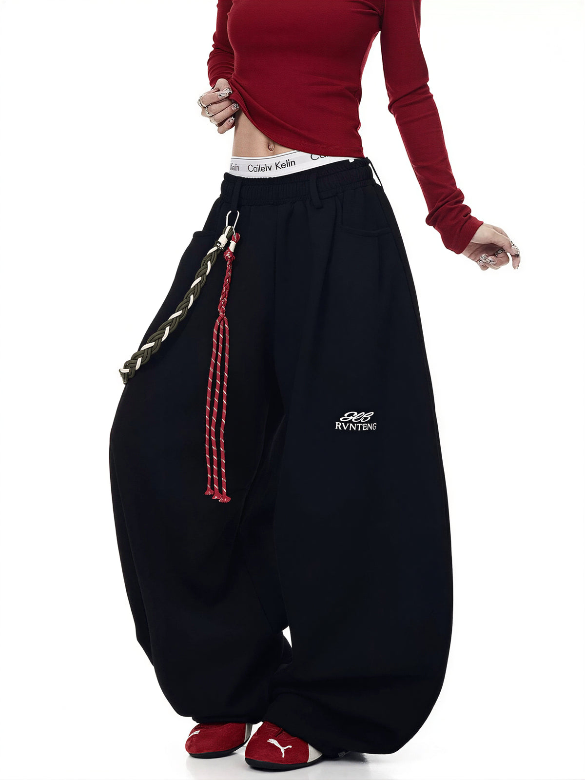 ローウエスト チェーン付き ワイド スウェットパンツ-ブラック カジュアルパンツ-2XL