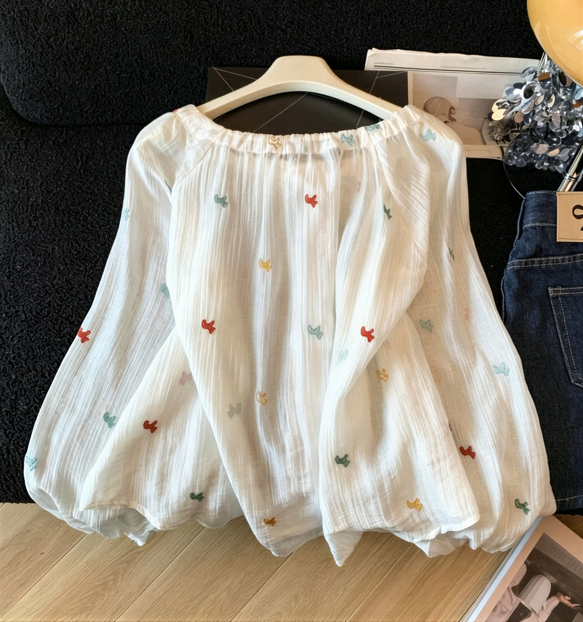 S~XL フリル襟リボン刺繍ブラウス