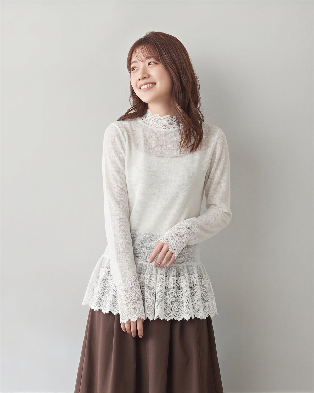 【秋新作】S~XL レース切り替え フリルネック インナー トップス