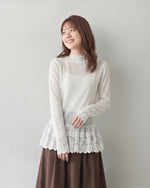 【秋新作】S~XL レース切り替え フリルネック インナー トップス