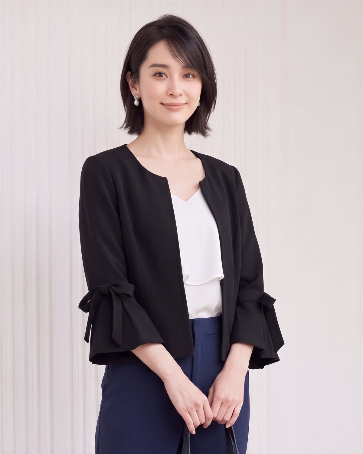 【秋新作】【全3色】S~2XL ラウンドネック フリルスリーブ リボン付き テーラードジャケット