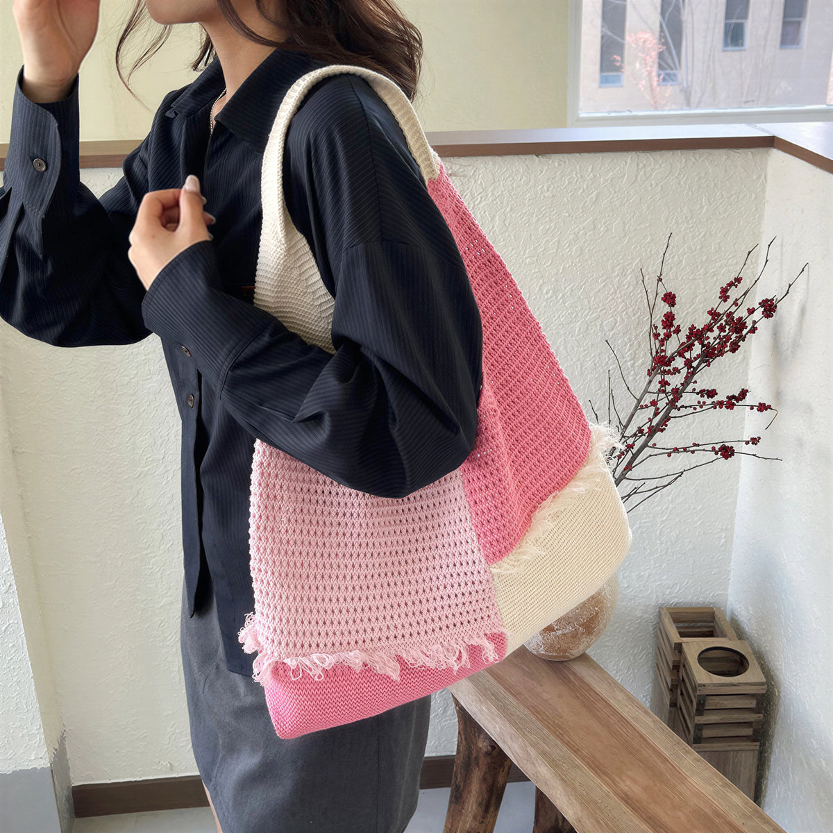 【全4色】配色フリンジニット 編み込みワンショルダーバッグ
