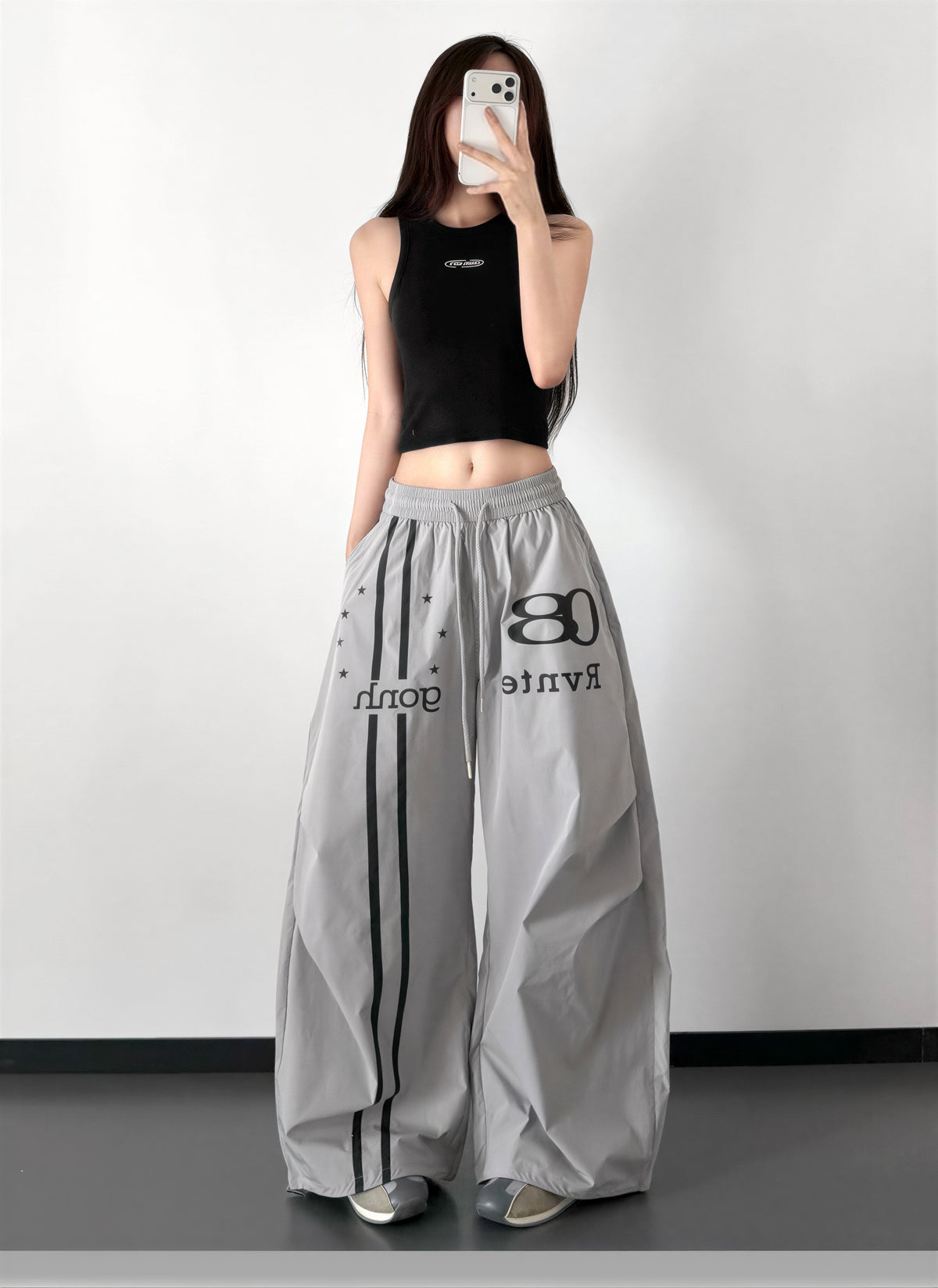 ドローストリング ハイウエスト ワイドシルエットパンツ-シルバー レギュラー-XL