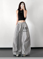 ドローストリング ハイウエスト ワイドシルエットパンツ-シルバー レギュラー-XL