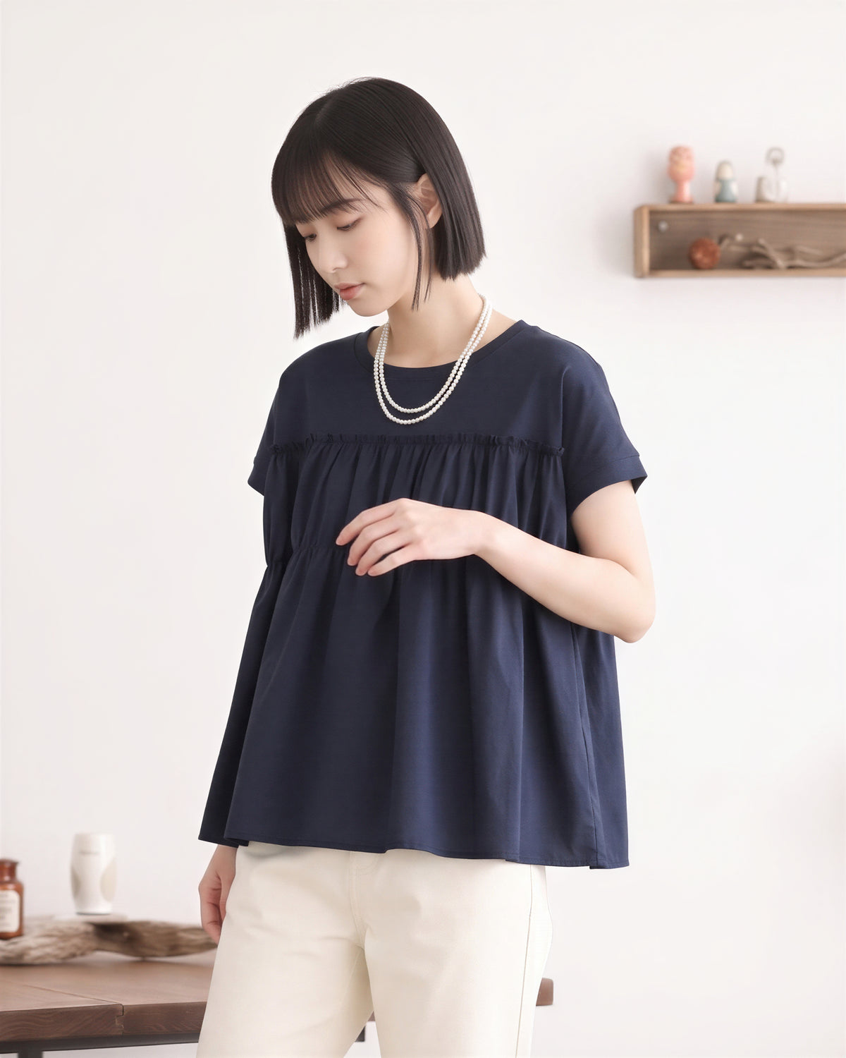 切り替えギャザー入り ゆったりTシャツ