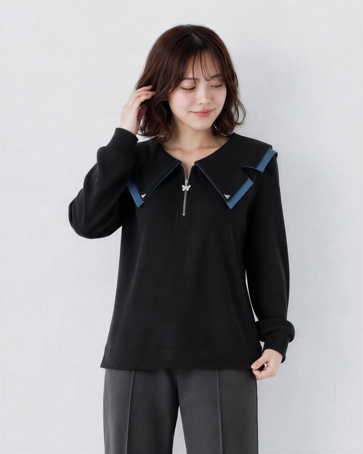 M~4XL ジップVネック フリル フェイクレイヤード スウェット