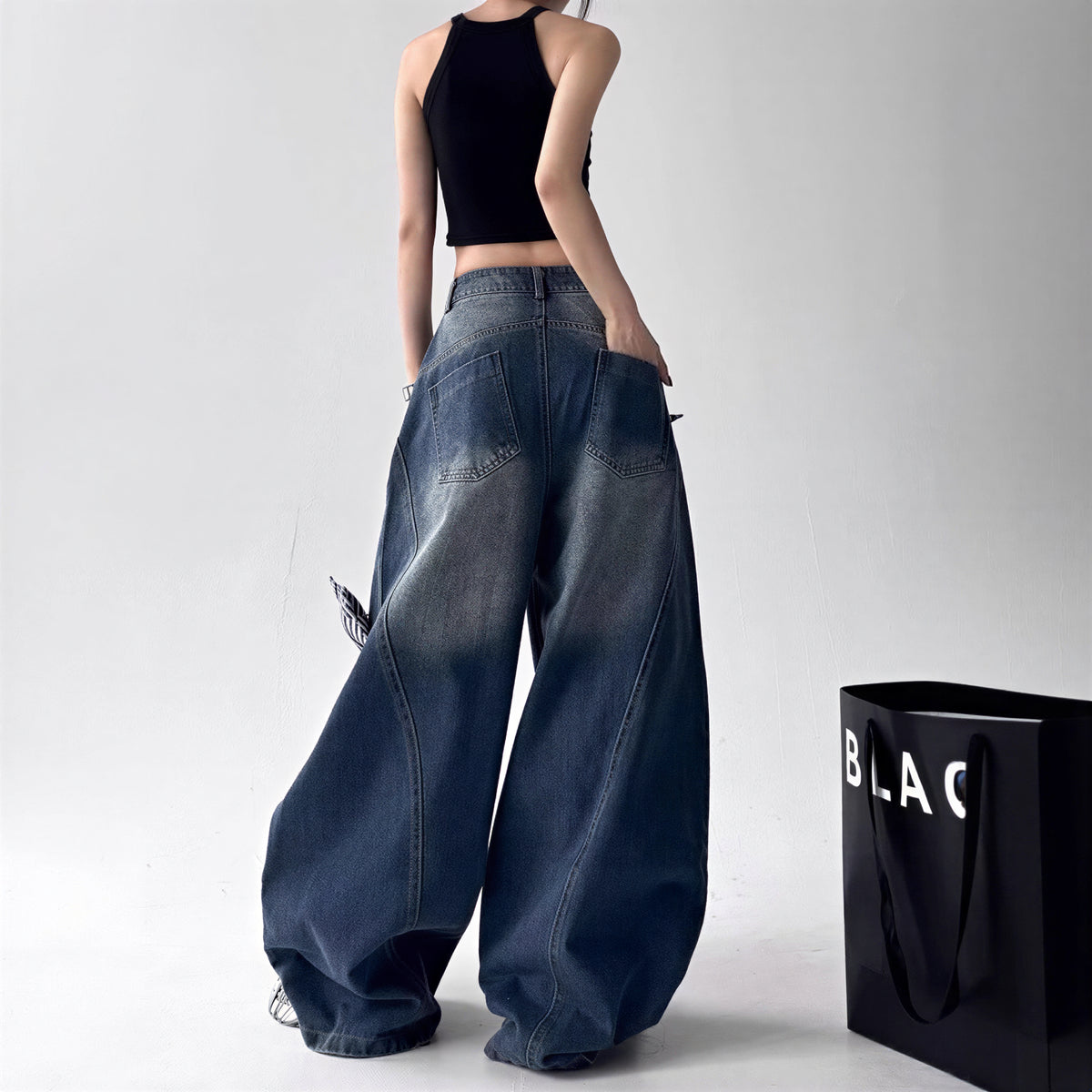 S-3XL ヴィンテージウォッシュ スターパッチ デニムパンツ