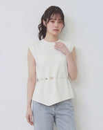 ショルダーパッド入り ノースリーブ ウエストシェイプボタン アシンメトリーヘムTシャツ