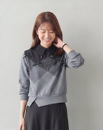 【秋新作】S~XL ダイヤ柄切り替え リボン付き 襟付き フェイクレイヤード スウェット