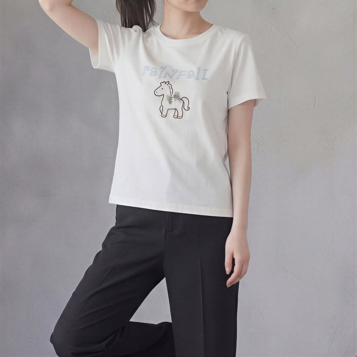 ホワイト クルーネック ゆったりシルエット ポニー刺繍ワッペン 半袖Tシャツ-ホワイト-XL