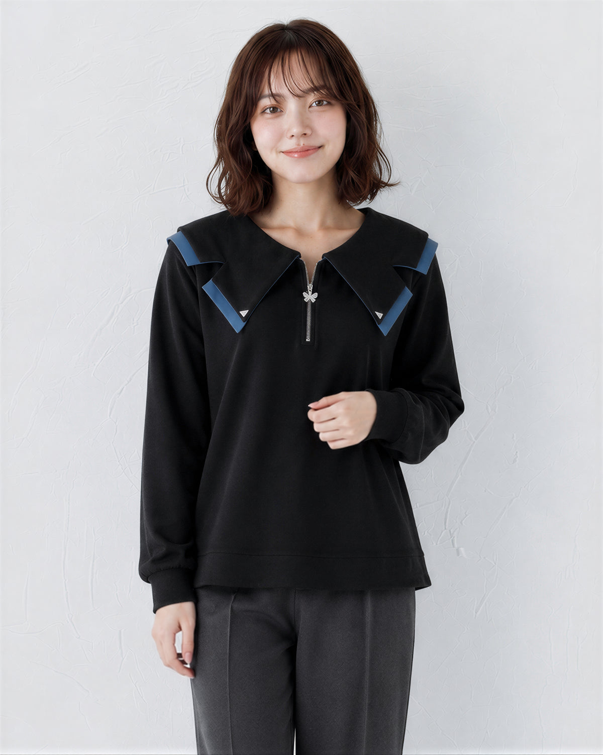 ジップVネック フリル フェイクレイヤード スウェット-ブラック-2XL