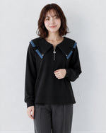 ジップVネック フリル フェイクレイヤード スウェット-ブラック-2XL