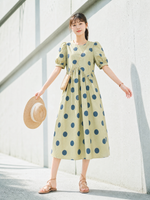 XS~XL ライトグリーン 大きめドット パフスリーブ ウエストシェイプワンピース