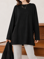 【秋新作】【全2色】S~2XL ゆったりドロップショルダー スリット入り長袖Tシャツ