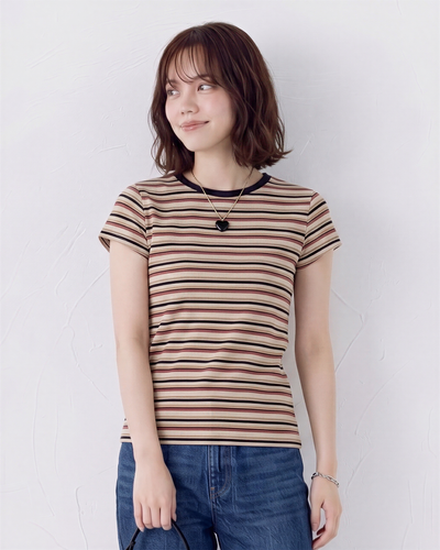 細ボーダー クルーネック フィットTシャツ
