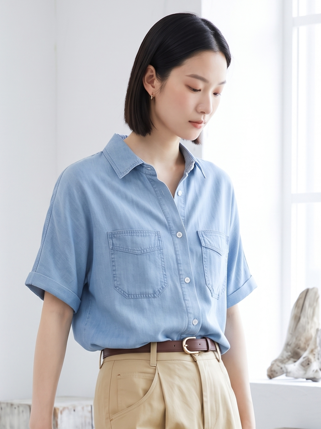 M~2XL ブルー ルーズフィット オープンカラー ダブルポケットシャツ