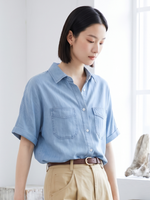 M~2XL ブルー ルーズフィット オープンカラー ダブルポケットシャツ