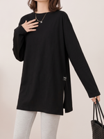 【秋新作】【全2色】S~2XL ゆったりドロップショルダー スリット入り長袖Tシャツ