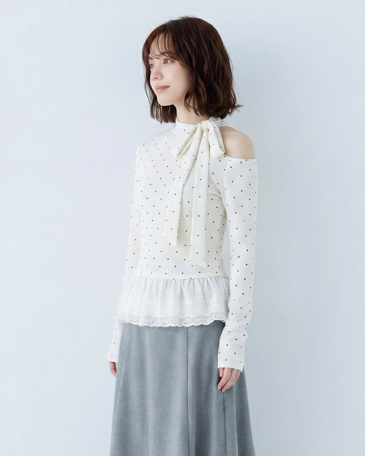 オフショルダー リボン×ドット 切り替え 長袖Tシャツ