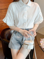 立体縦リブ フリルスリーブ ゆったりシャツ