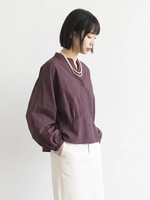 S~XL スタンドカラー ウエストシェイプ バルーンスリーブブラウス
