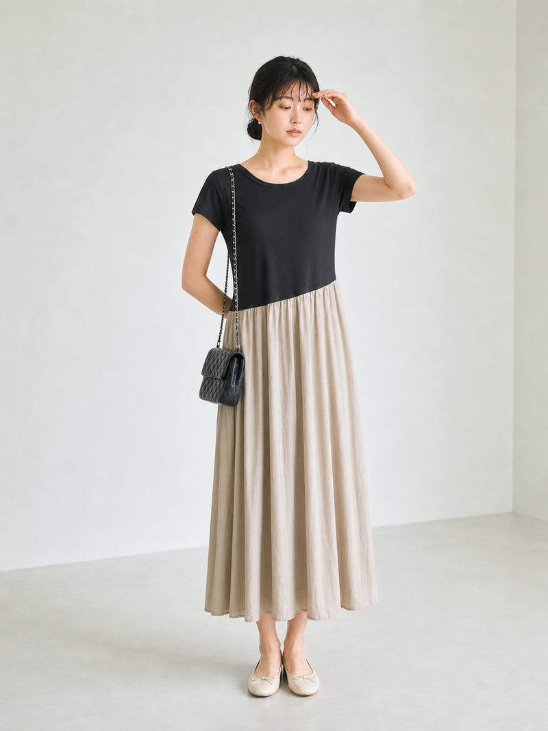 M~2XL 配色切り替え アシンメトリーウエスト フェイクレイヤード 半袖ワンピース