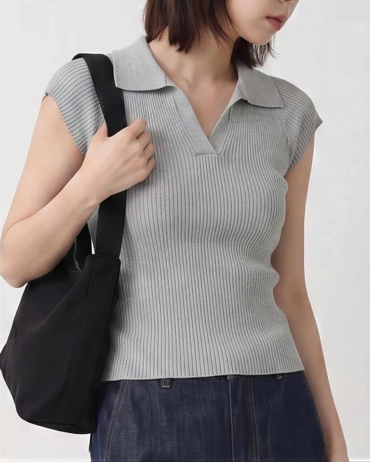 Vネック前開き すっきり細見え リブ編み ポロ襟 半袖ニット