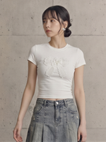立体リボンアップリケ付き ショート丈 スリムフィット 半袖Tシャツ