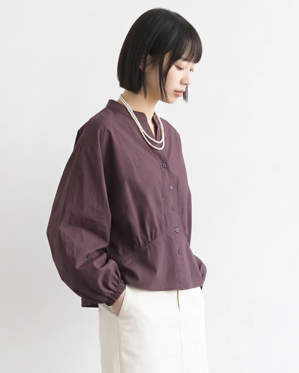 S~XL スタンドカラー ウエストシェイプ バルーンスリーブブラウス