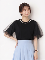 パール風襟飾り チュールフリルスリーブ ゆったり半袖Tシャツ
